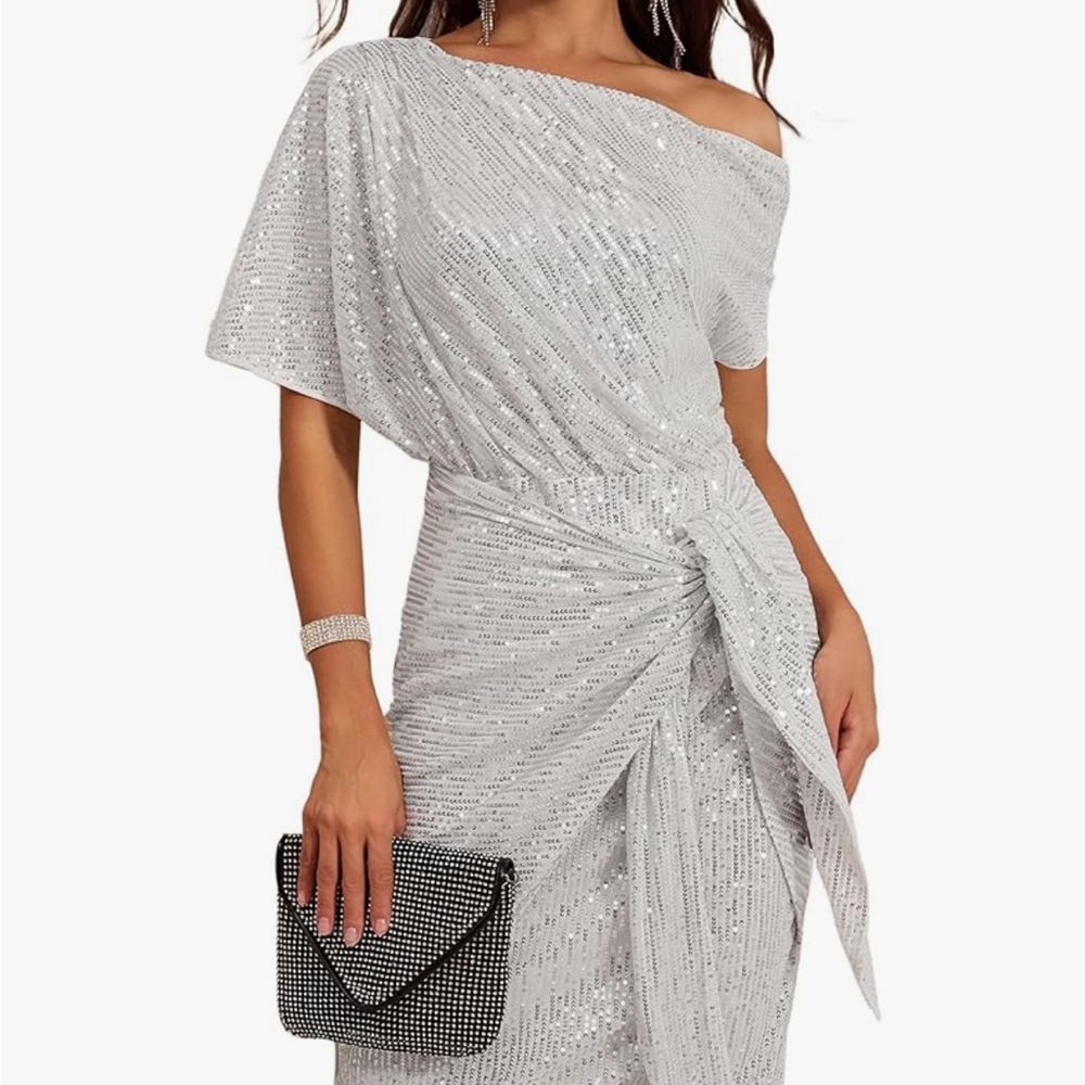 Grace Karin Sequin Silver One-Shoulder Dress